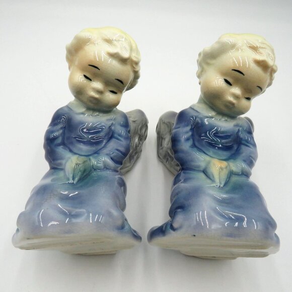 Vintage Ceramic Angel 6.5" Figurines Pair Kneeling Praying Hands Wall Pockets - Picture 1 of 9